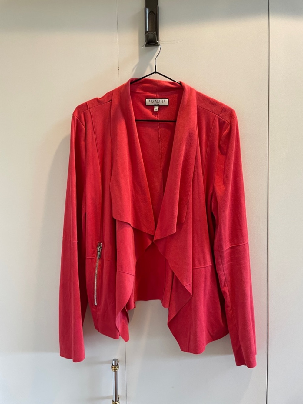 bagatelle Red Draped Open-Front Jacket with Zip Pocket